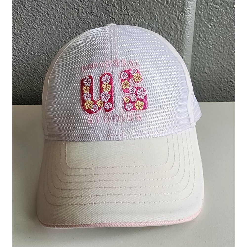Universal Studios White & Pink Mesh Trucker Hat With Floral US Embroidery